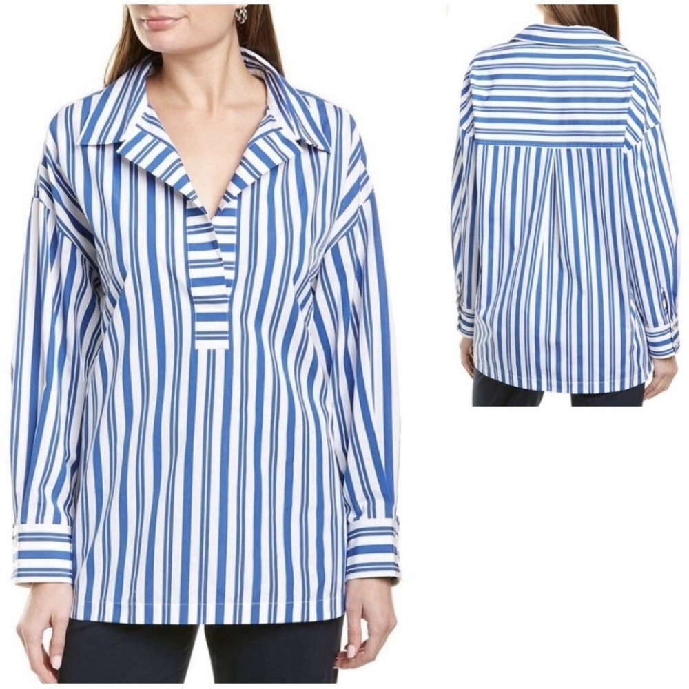 St John Blue White Striped Poplin Tunic Top Size 0 VNeck Coastal Beach Luxury